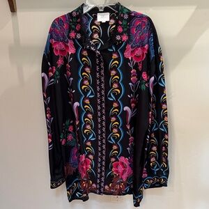 Johnny Was Jade Black Floral Rosalinda Shirt with Pink and Blue Accents